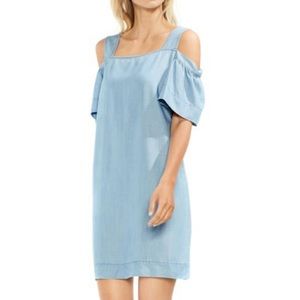 Vince Camuto Ruffle Cold Shoulder Chambray Dress